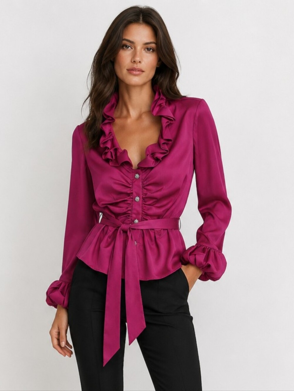 Joseph Ribkoff Fuchsia Pink Satin Ruffle Blouse Sz 6 EUC Belted Rhinestone